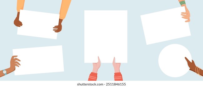Una colección de manos sostiene carteles de protesta en blanco. Las Personas se unen, cada una sosteniendo un cartel en solidaridad. Esta manifestación muestra la fuerza de la comunidad a través de la acción colectiva.