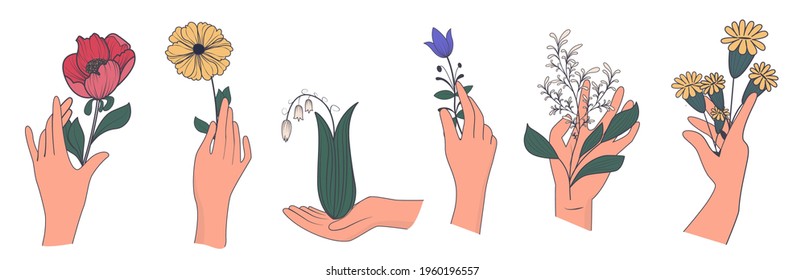 A collection of hands holding bouquets or bunches of blooming flowers. A bunch of floral decorative design elements isolated on a white background. Flat vector illustration
