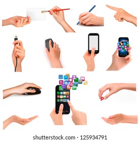  Collection of hands holding different business objects. Vector illustration