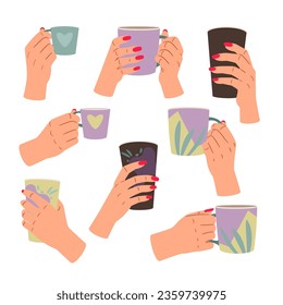 Collection of hands holding different mugs, glasses, cups with drinks. Vector of mug cafe, holding and gesturing illustration