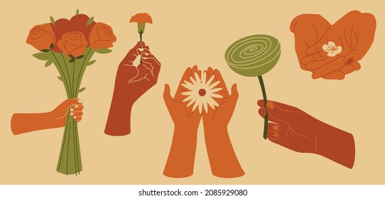 Collection of hands holding flowers and bouquets. Set of flat, minimalist illustrations in vintage colors. Romantic floral vector drawings isolated on beige background.