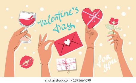 A collection of hands holding a heart, an envelope with a letter, a flower. Vector illustration for Valentine's Day