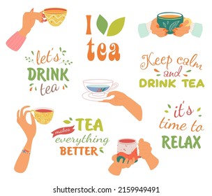 Collection of hands holding hot drinks and beverage with text. Brewing or pouring green and black or matcha tea, cacao, espresso coffee with sugar. Flat vector cartoon illustration isolated on white.