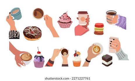 Collection of hands holding hot drinks, desserts.