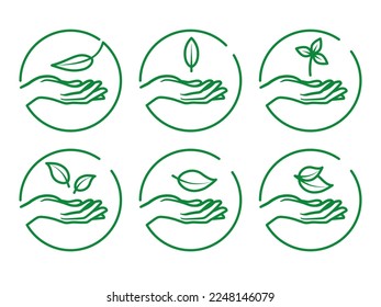 Collection of a hands holding a leaf of the plant. Eco friendly symbol. Vector illustration isolated on white background