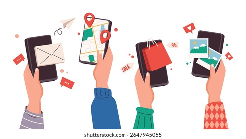 Coleção de mãos segurando telefones celulares. Dispositivos de smartphone de desenhos animados com aplicação de correio, mapa, compras e foto. Aplicativo de mídia social na tela de gadgets. Comunicação e rede. Ilustração vetorial