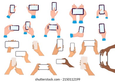 A collection of hands holding a modern smartphone. A set of hands, palms and phones. People handling with cell phones. Flat vector illustrations isolated on white background