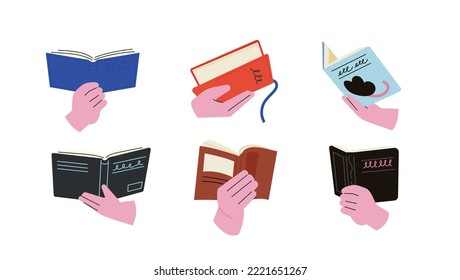 Una colección de manos sosteniendo un libro abierto. ilustración vectorial plana.