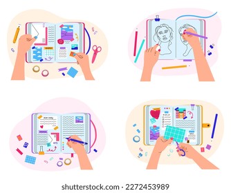 Collection of hands holding pen, scissors and pencils, filling diary or  planners, drawing in sketchbook, taking notes in notebook, decorating with stick notes, photos, envelope and scotch.