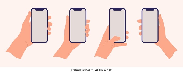 Collection of hands holding phone isolated on white background. Set of hands holding phone in flat style 