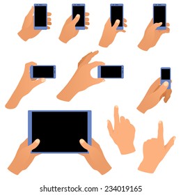 Collection of hands holding phone and tablet isolated on white background