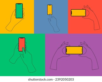 Colección de manos con smartphone con pantalla en blanco. Plantilla para redes sociales y negocios. Ilustración plana aislada en fondo blanco