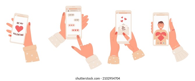 Collection of hands holding smartphones with love message and vieo call with beloved