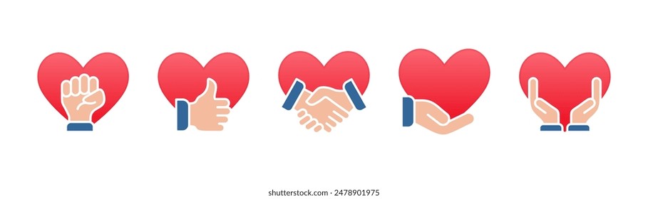 Collection of Hands with Love icons, Hand in heart icons set. strong, appreciate, handshake, give help, pray and hope vector flat illustration