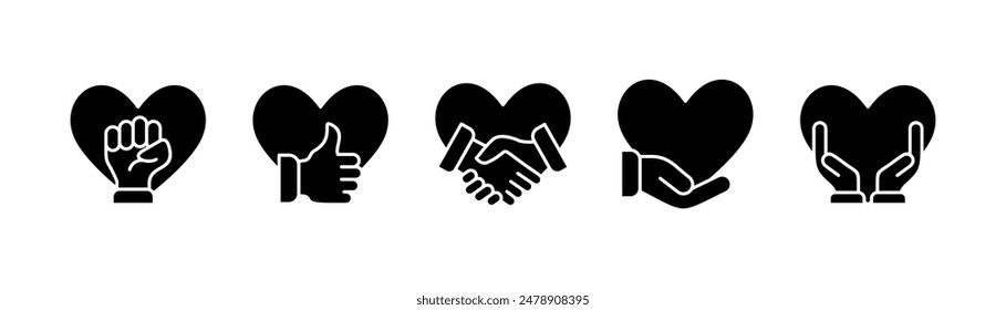 Collection of Hands with Love icons, Hand in heart icons set. strong, appreciate, handshake, give help, pray and hope vector flat illustration