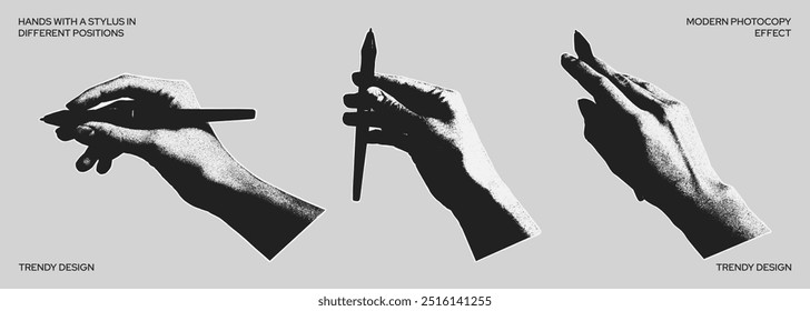 Collection of hands with a pen in different positions. Hands holding a pen in photocopy style. Grainy vector illustration. Trendy hand elements for collage