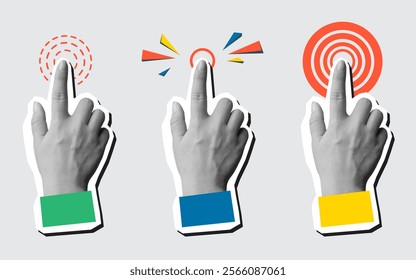 Collection of hands pressing a button. Vector illustration in modern collage style