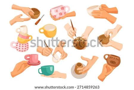 Collection of hands shaping, painting and holding ceramic cups and bowls, flat graphic style, on white background. Concept of pottery creation. Vector illustration