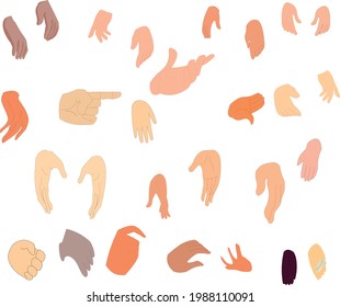 Colección de manos que muestra diferentes gestos de ilustración de elementos vectoriales planos.