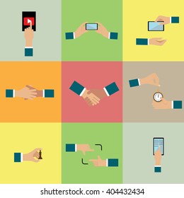 Collection  hands showing different gestures. A large set of flat icons hand and equipment, phones, tablets, laptops. Hand gestures