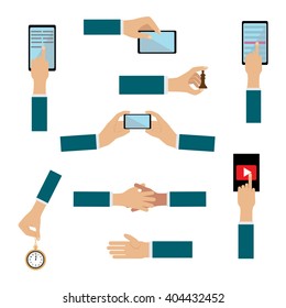 Collection  hands showing different gestures. A large set of flat icons hand and equipment, phones, tablets, laptops. Hand gestures