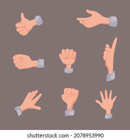 Collection of hands showing different hand gestures. Gesturing: fist, palm, finger up, index. Vector cartoon illustration