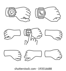 Collection of hands and smart watch. Vector illustrations