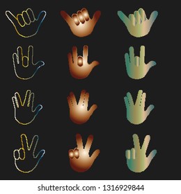 Collection of hands, smileys in pixel art style on black background in different colors.