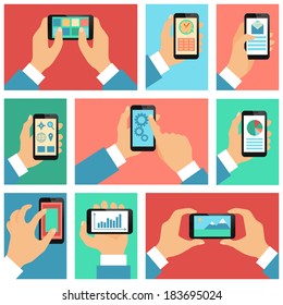 Collection of hands using mobile phone with business apps and social media content isolated vector illustration