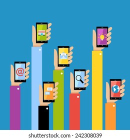Collection of hands using mobile smartphone with business applications and social media content isolated vector illustration.