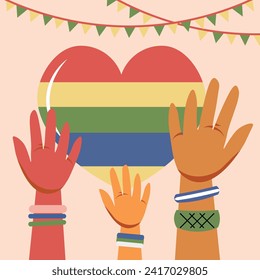 A collection of hands with various skin tones, adorned with colorful bracelets featuring striking patterns, celebrating with a gay pride heart decorated with green and yellow garlands