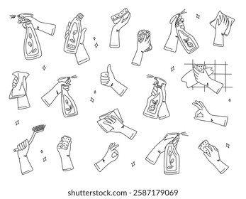 Collection of hands wearing protective rubber gloves and holding cleaning supplies. Sponge, eco detergent spray bottle, brush. Home cleanup housekeeping cleaners. Spring cleaning. Green home concept.