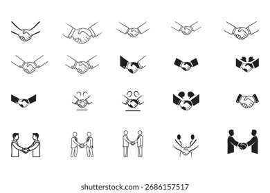 Colección de iconos de apretón de manos en diferentes estilos que representan el Acuerdo empresarial, la colaboración, el trabajo en equipo y los conceptos de colaboración
