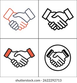 Collection of handshake icons in various styles representing agreement and partnership