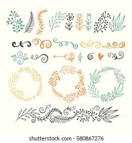 collection hand-sketched elements - floral, calligraphic elements, arrows, wreaths
