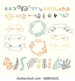 collection hand-sketched elements - florals, calligraphic elements, arrows, wreaths