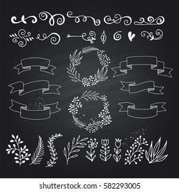 collection hand-sketched elements - florals, calligraphic elements, arrows, wreaths