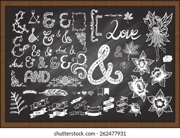 collection of hand-sketched elements on chalkboard - florals, calligraphic elements, ampersands and catchwords, bursting rays, wreaths and much more