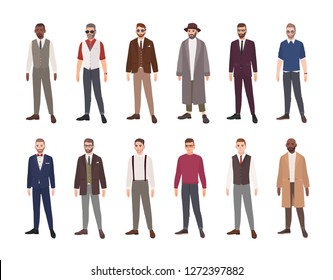 Collection of handsome men dressed in elegant clothes isolated on white background. Bundle of young men wearing stylish apparel. Collection of evening and formal outfits. Flat vector illustration.