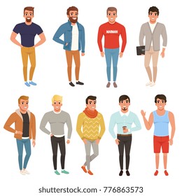 Collection of handsome men in stylish clothing. Casual wear. Male characters posing with smiling face expressions. Colorful flat vector design