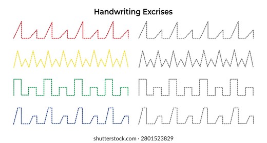 Collection of handwriting exercises with dashed lines in various patterns and colors, designed to improve fine motor skills and penmanship practice.