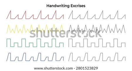 Collection of handwriting exercises with dashed lines in various patterns and colors, designed to improve fine motor skills and penmanship practice.