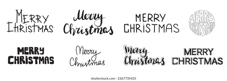 Collection of handwriting Merry Christmas text banner. Hand drawn Merry Christmas lettering set isolated on white background. Vector illustration.