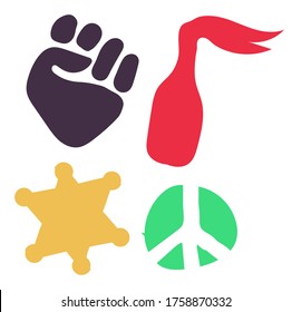 Collection of handwritten decorative design elements hand drawn in trendy style-fist, sheriff's badge, peace, Molotov cocktail. Colorful vector illustration for T-shirt print, sticker, poster, ect