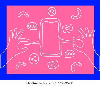 Collection of handwritten decorative line design elements in trendy style-smartphone hands communication conversations social networks likes account comments signs symbols. Vector illustration.