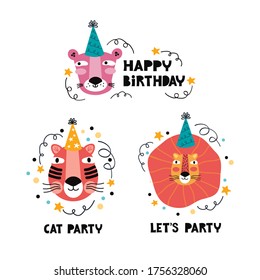 Collection of handwritten holiday inscriptions and stickers. Hand drawn funny faces of wild exotic animals. Cartoon character Jaguar, Panther, tiger, lion, leopard. Unique elements of vector design
