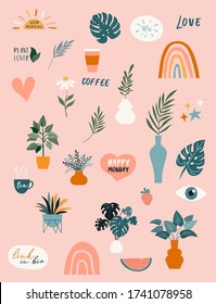 Collection of handwritten phrases, quotes, stickers and decorative design elements, plants, rainbow and leaves, hand drawn in trendy doodle style. Colorful vector illustrations and prints