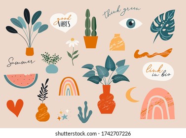 Collection of handwritten phrases, quotes, stickers and decorative design elements, plants, rainbow and leaves, hand drawn in trendy doodle style. Colorful vector illustrations and prints