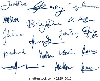 Collection of handwritten signatures. Personal contract fictitious signature set.