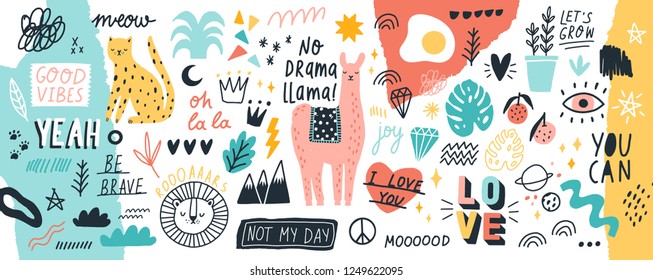 Collection of handwritten slogans or phrases and decorative design elements hand drawn in trendy doodle style - animals, plants, symbols. Colorful vector illustration for T-shirt or sweatshirt print.